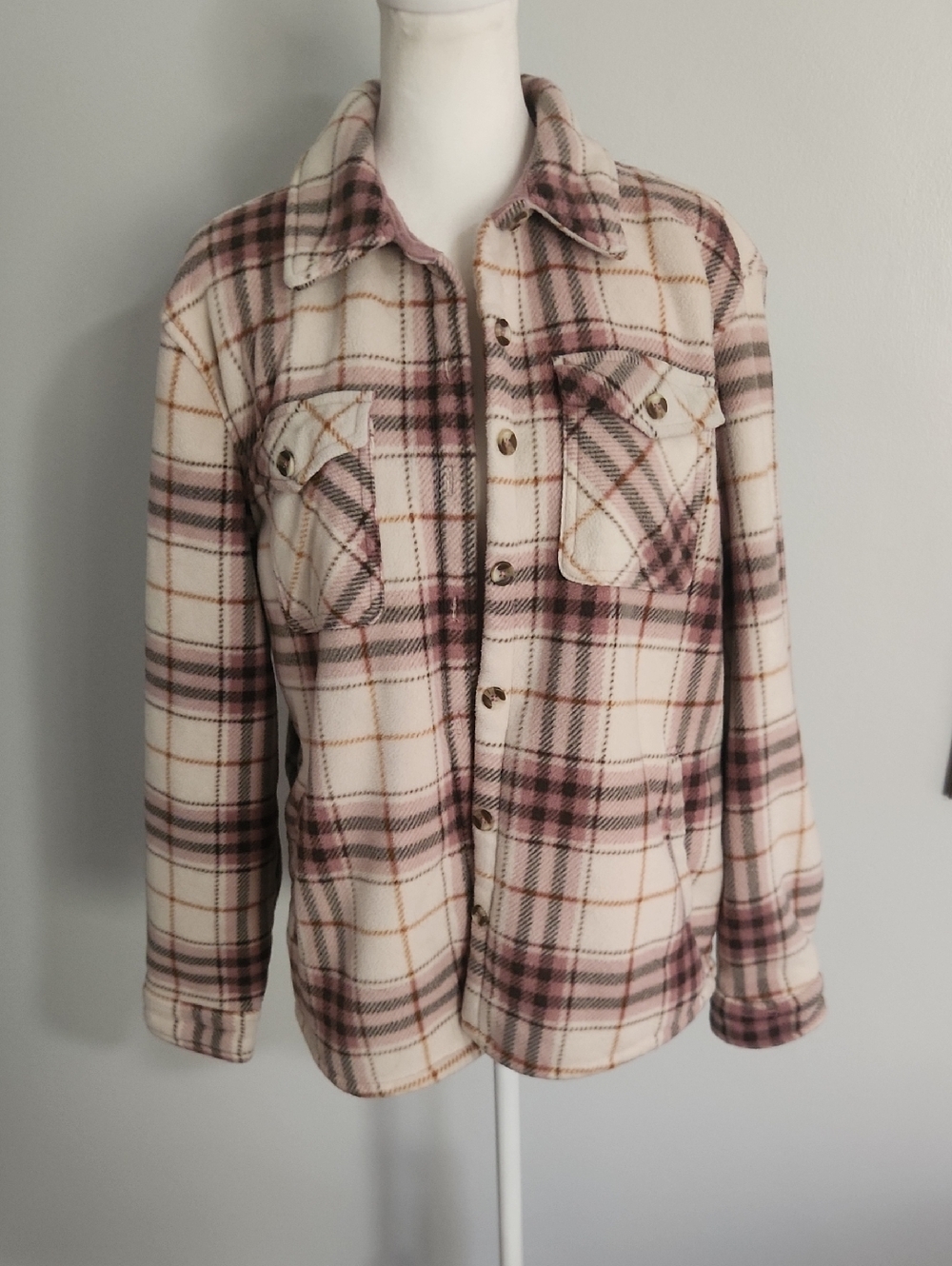 Cream and Mauve Plaid Button-Up Shacket